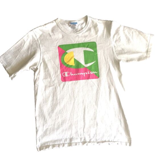 Champion Men T-Shirt Size Medium White Logo Graphic Neon Short Sleeve Cotton EUC - Picture 1 of 8